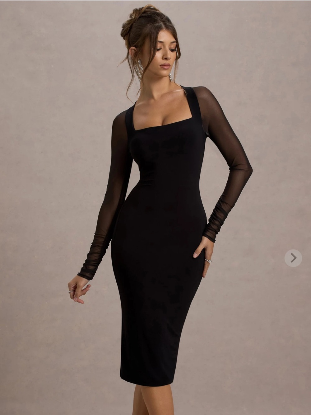 Elegant Black Square-Neck Midi Dress with Sheer Long Sleeves